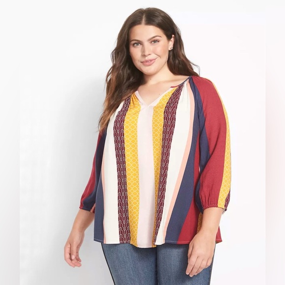 Lane Bryant Classic 3/4-Sleeve Split-Neck Popover Blouse New Stripes 26/28 Boho - Picture 1 of 8
